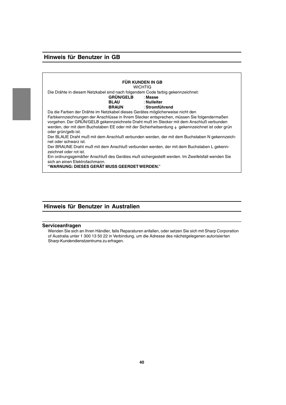 Hinweis für benutzer in gb, Hinweis für benutzer in australien | Sharp LL-T1820-B User Manual | Page 40 / 164