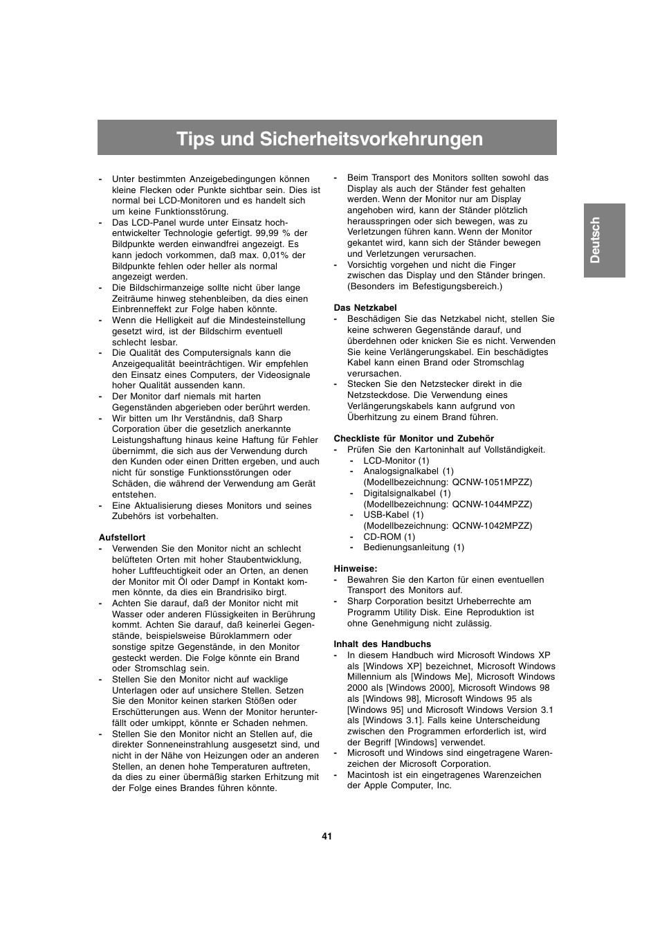 Tips und sicherheitsvorkehrungen | Sharp LL-T1820-B User Manual | Page 41 / 164