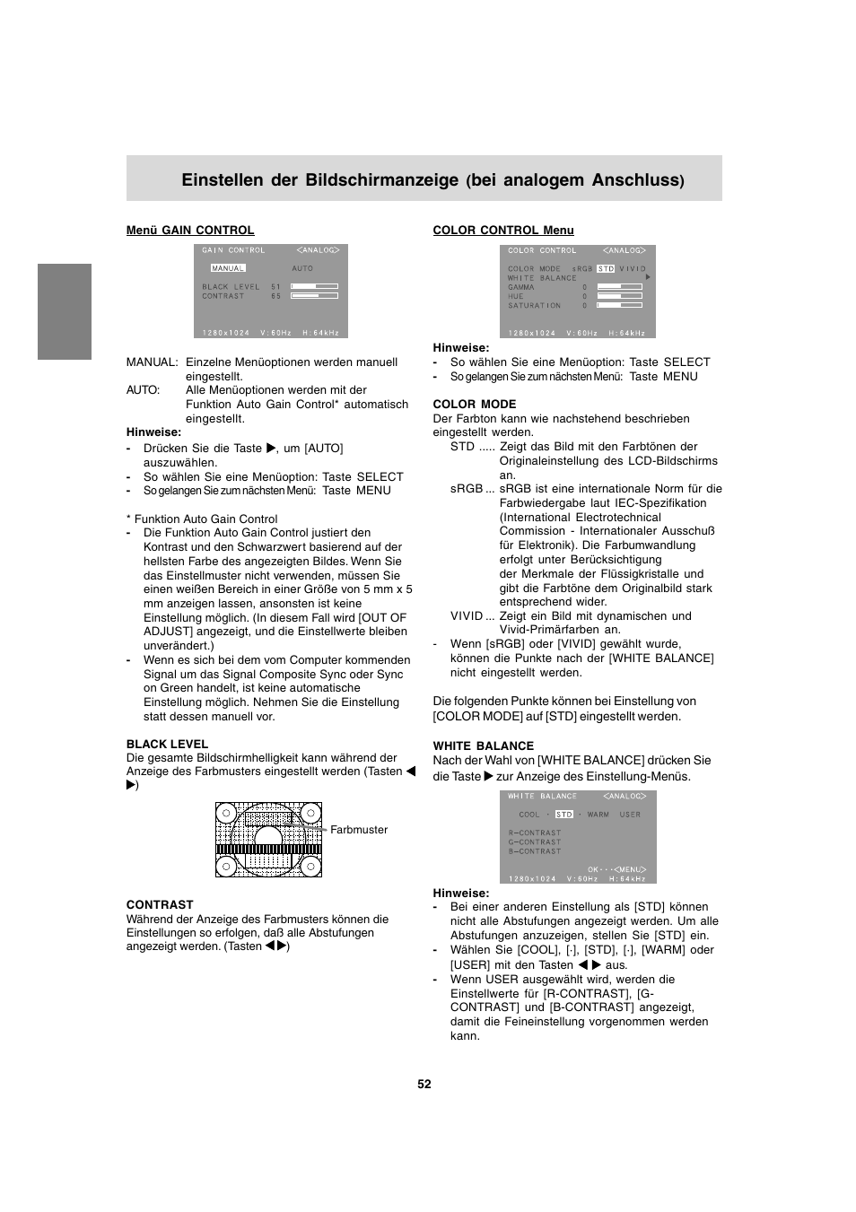 Einstellen der bildschirmanzeige, Bei analogem anschluss | Sharp LL-T1820-B User Manual | Page 52 / 164