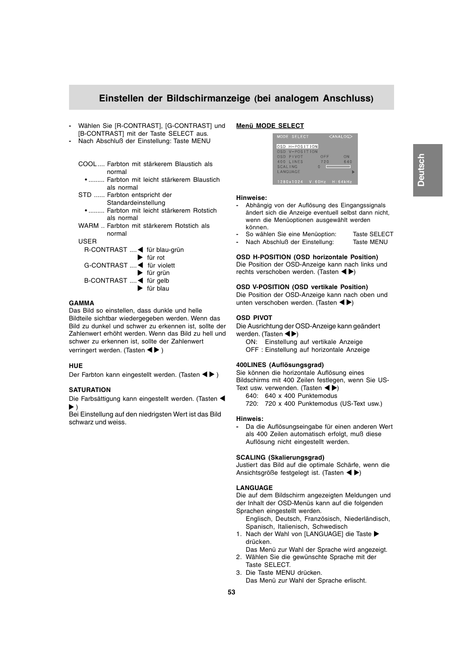 Einstellen der bildschirmanzeige, Bei analogem anschluss | Sharp LL-T1820-B User Manual | Page 53 / 164