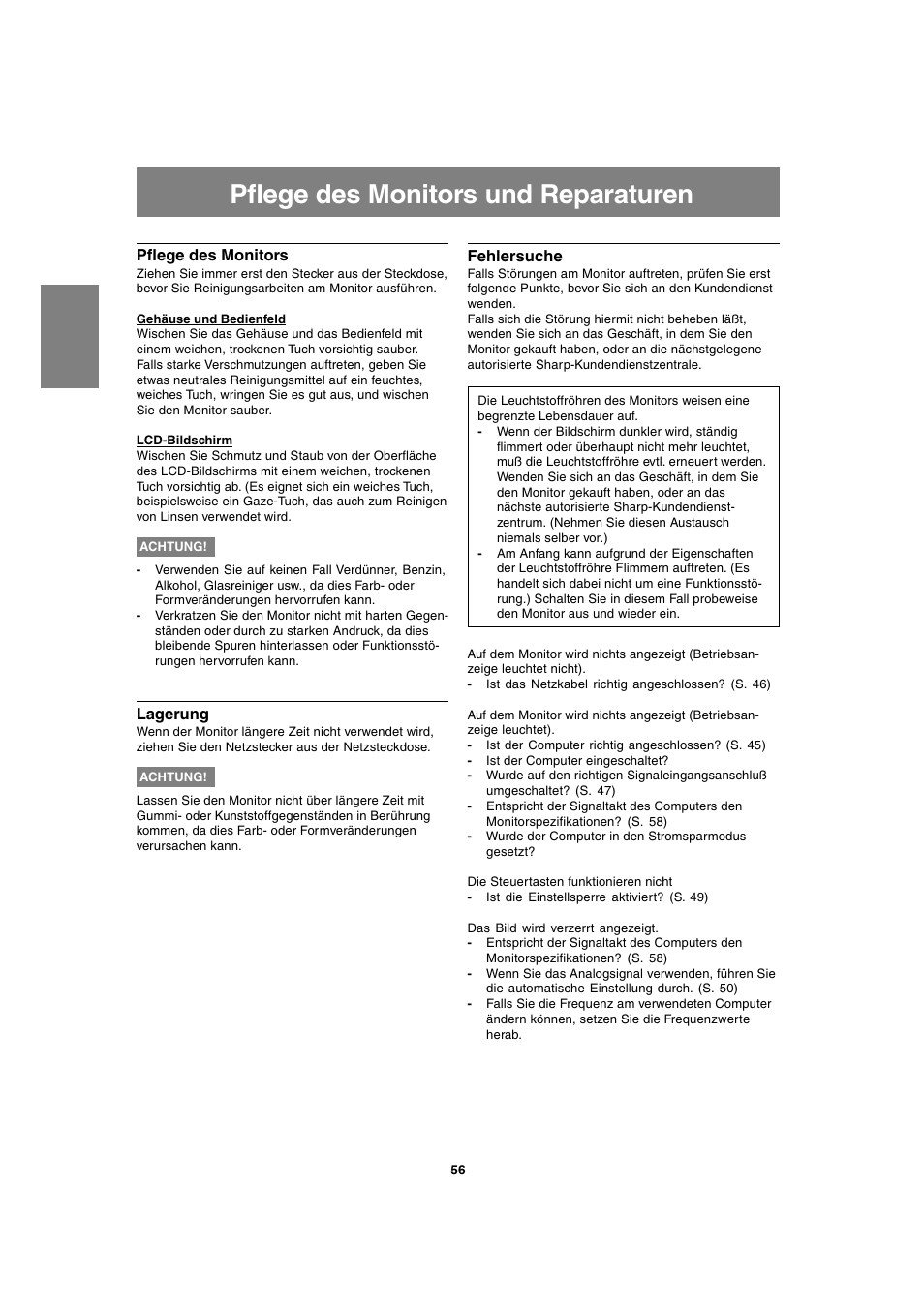 Pflege des monitors und reparaturen | Sharp LL-T1820-B User Manual | Page 56 / 164