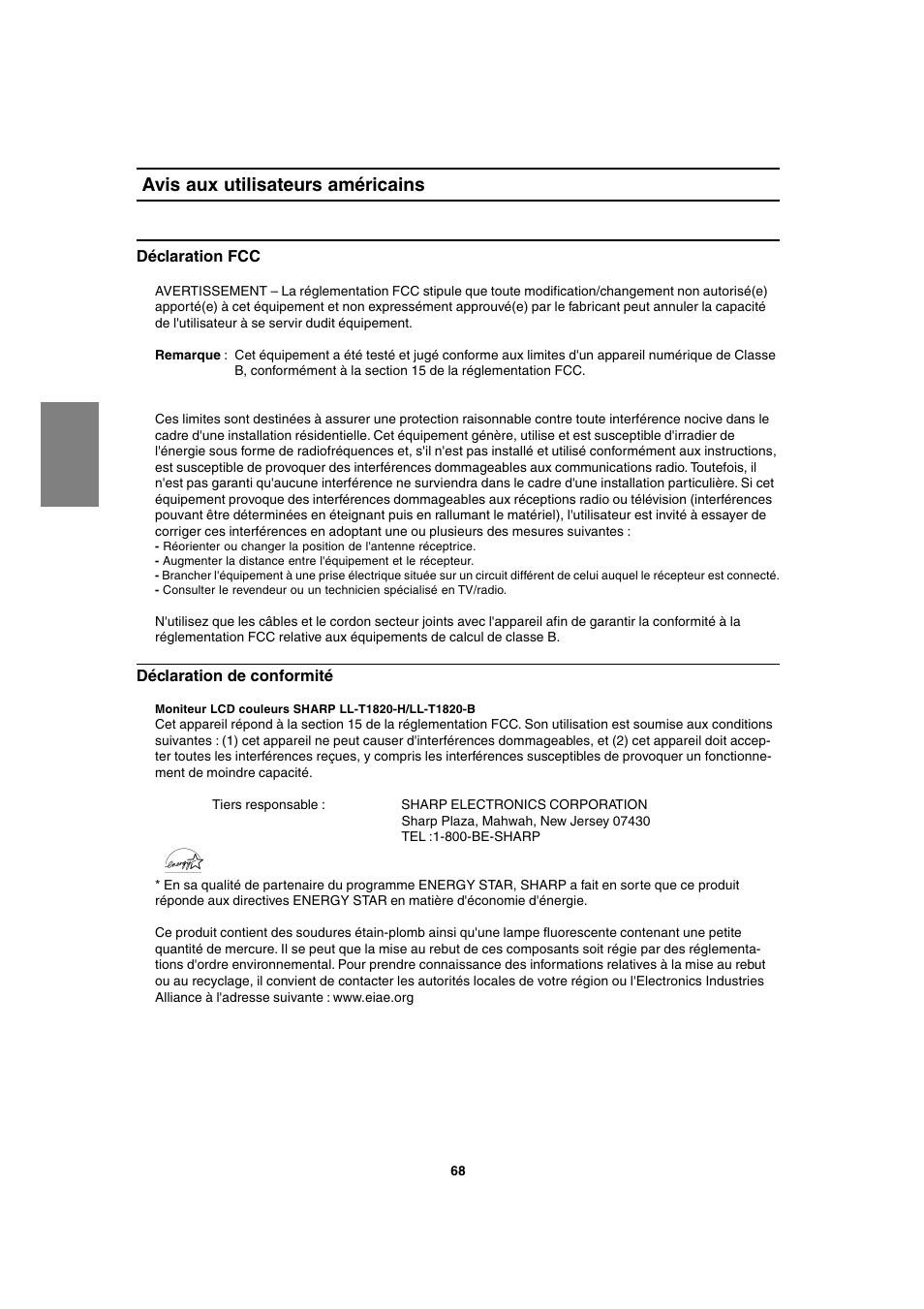 Avis aux utilisateurs américains | Sharp LL-T1820-B User Manual | Page 68 / 164