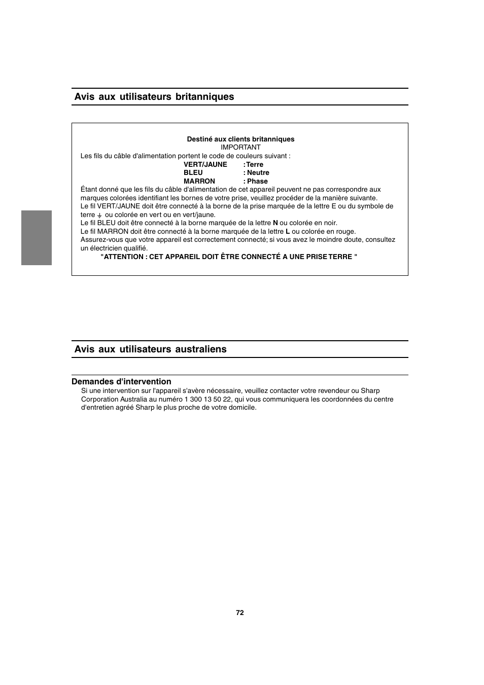 Avis aux utilisateurs britanniques, Avis aux utilisateurs australiens | Sharp LL-T1820-B User Manual | Page 72 / 164