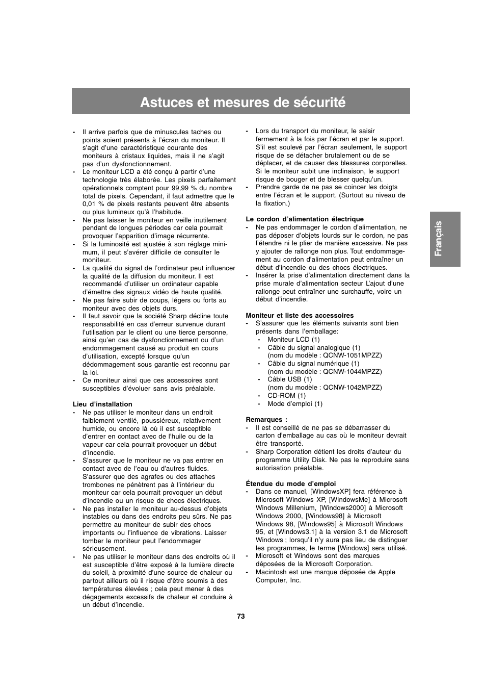 Astuces et mesures de sécurité | Sharp LL-T1820-B User Manual | Page 73 / 164