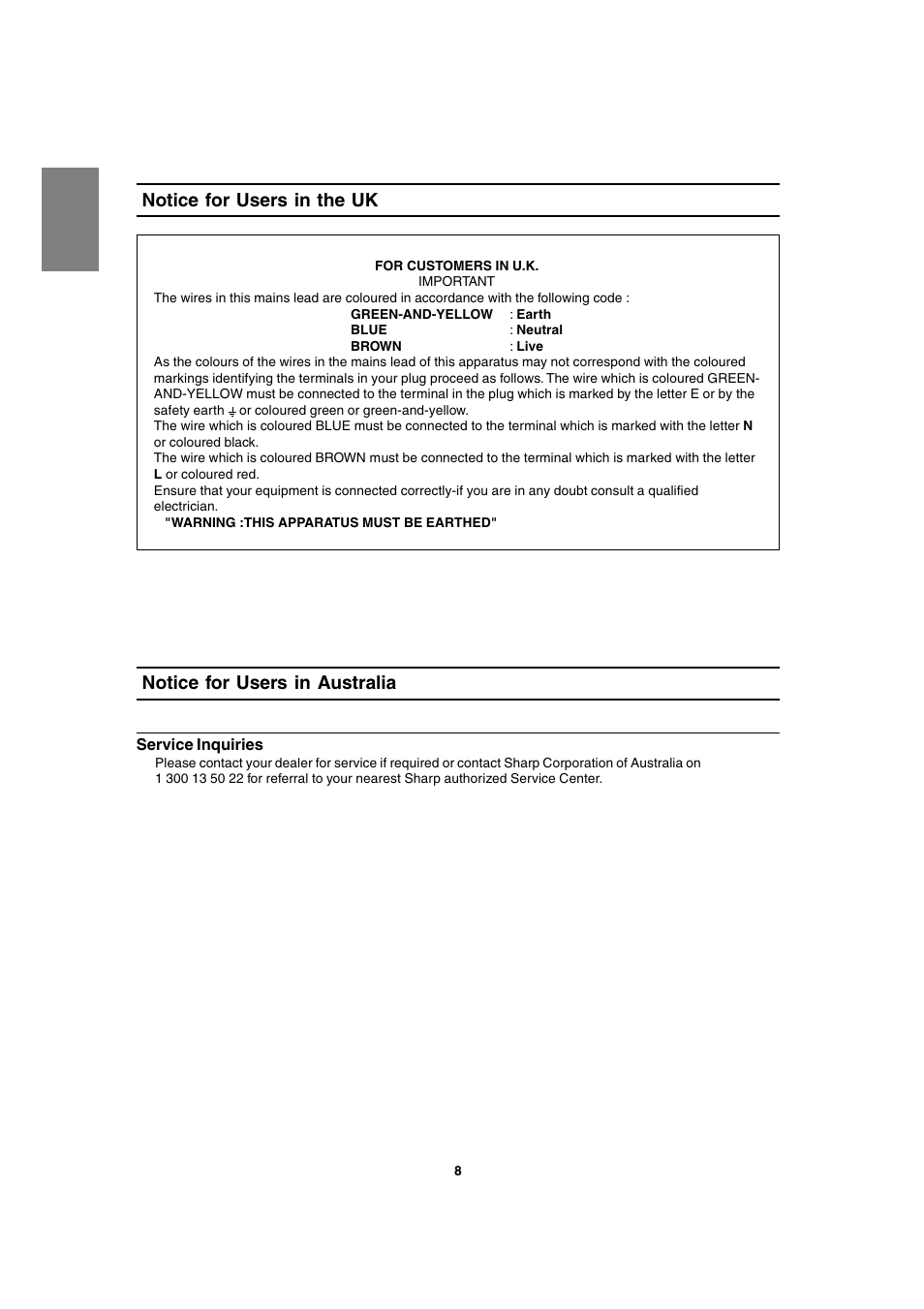 Notice for users in the uk, Notice for users in australia | Sharp LL-T1820-B User Manual | Page 8 / 164