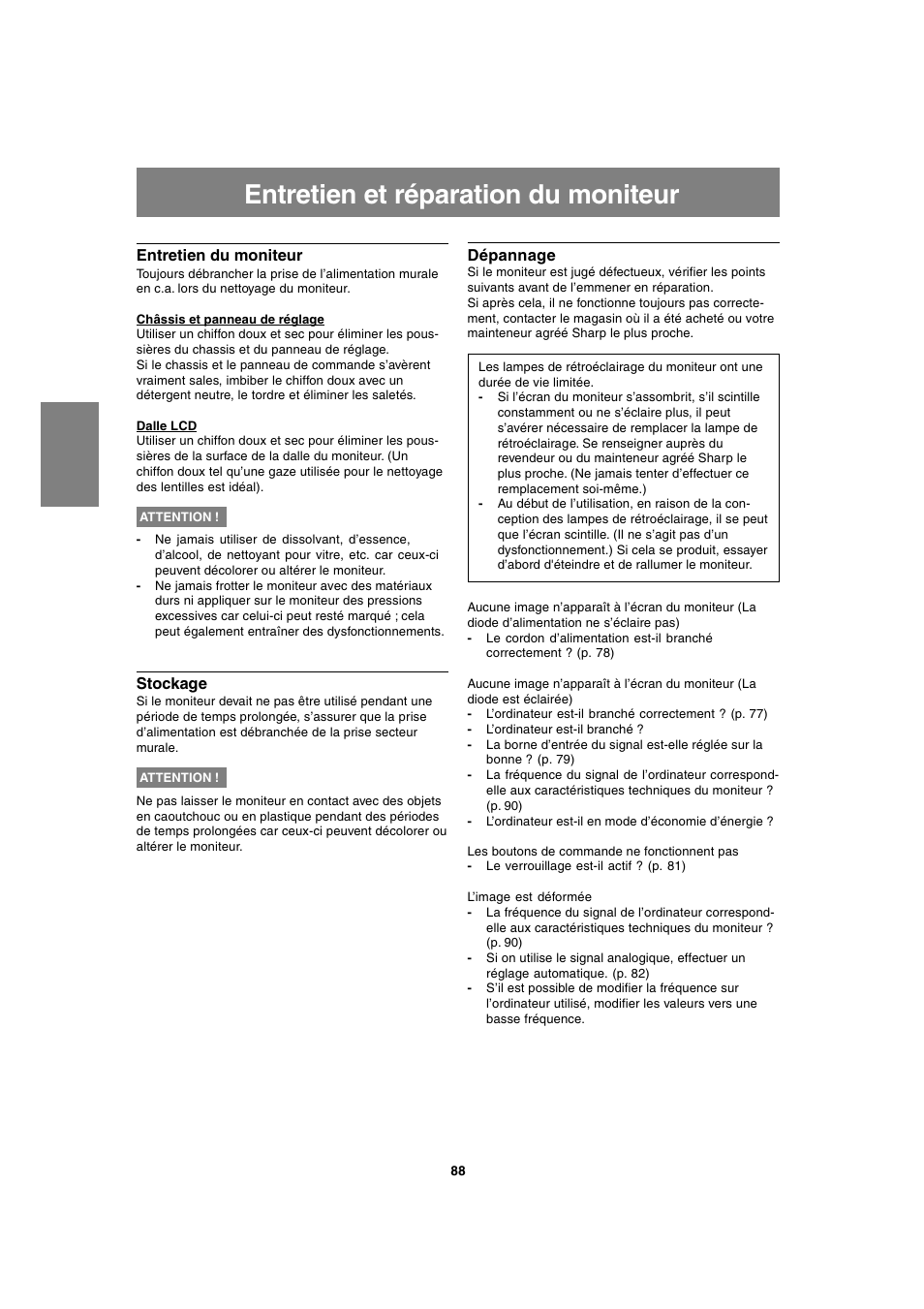 Entretien et réparation du moniteur | Sharp LL-T1820-B User Manual | Page 88 / 164