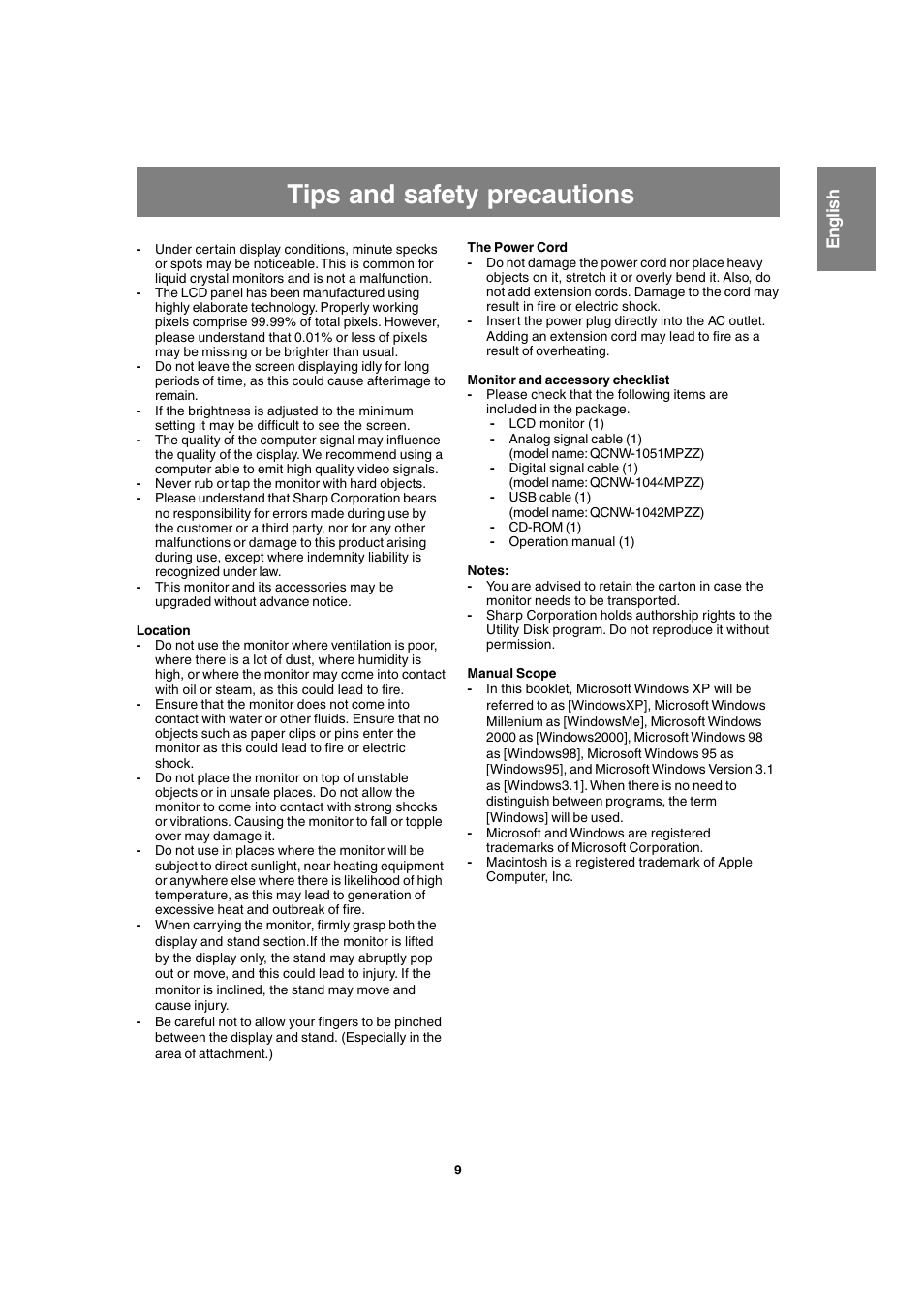 Tips and safety precautions, English | Sharp LL-T1820-B User Manual | Page 9 / 164