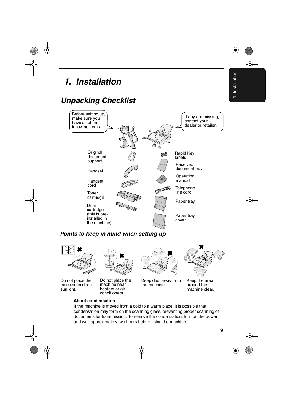 Installation, Unpacking checklist, Points to keep in mind when setting up | Sharp FO-3150 User Manual | Page 11 / 124