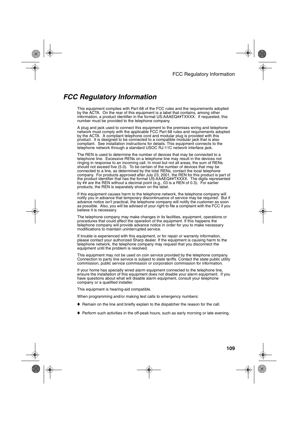 Fcc regulatory information | Sharp FO-3150 User Manual | Page 111 / 124