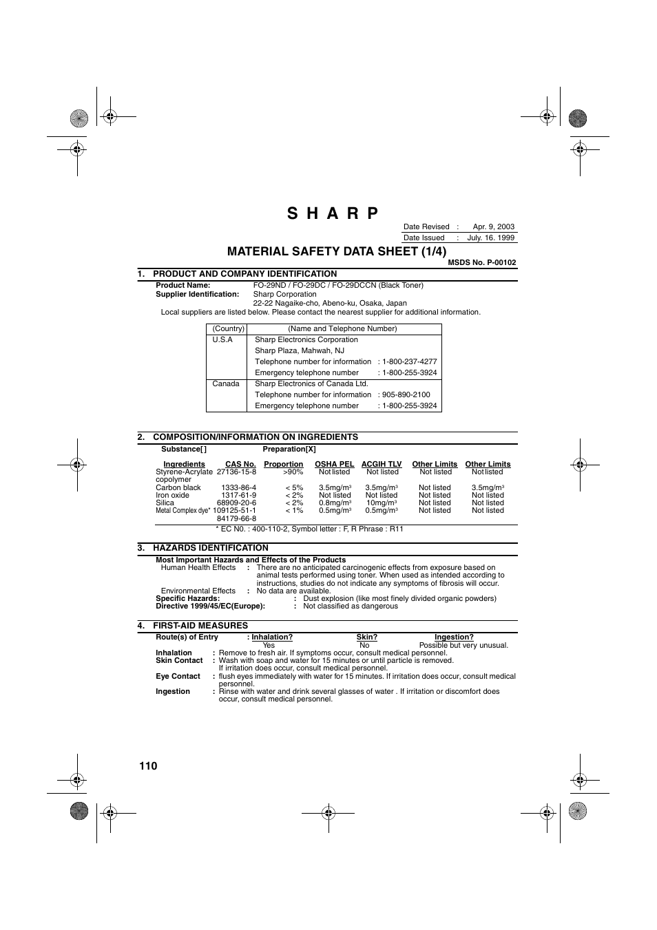 Material safety data sheet (1/4) | Sharp FO-3150 User Manual | Page 112 / 124