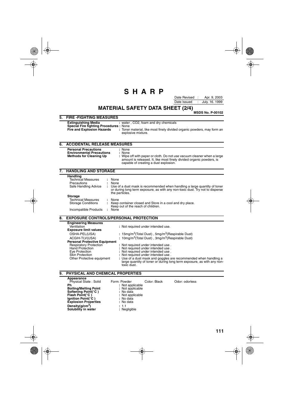 Material safety data sheet (2/4) | Sharp FO-3150 User Manual | Page 113 / 124