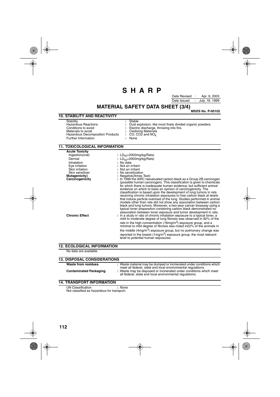 Material safety data sheet (3/4) | Sharp FO-3150 User Manual | Page 114 / 124