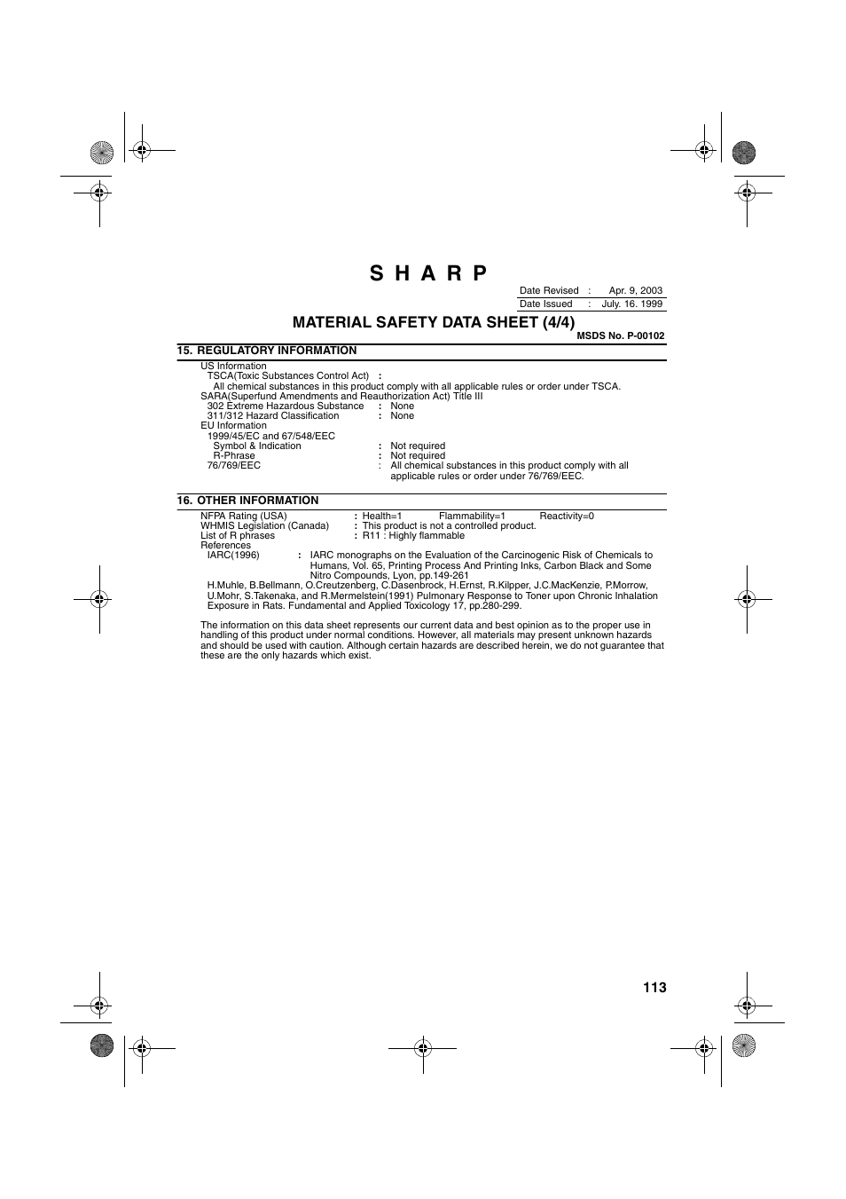 Material safety data sheet (4/4) | Sharp FO-3150 User Manual | Page 115 / 124