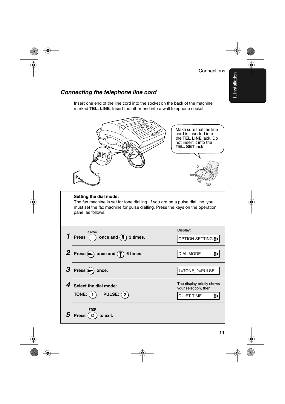 Connecting the telephone line cord | Sharp FO-3150 User Manual | Page 13 / 124