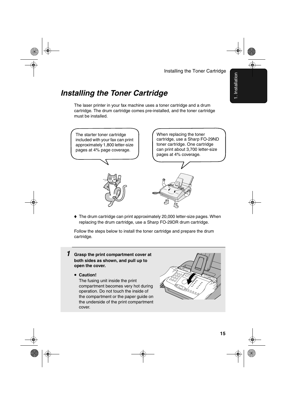 Installing the toner cartridge | Sharp FO-3150 User Manual | Page 17 / 124