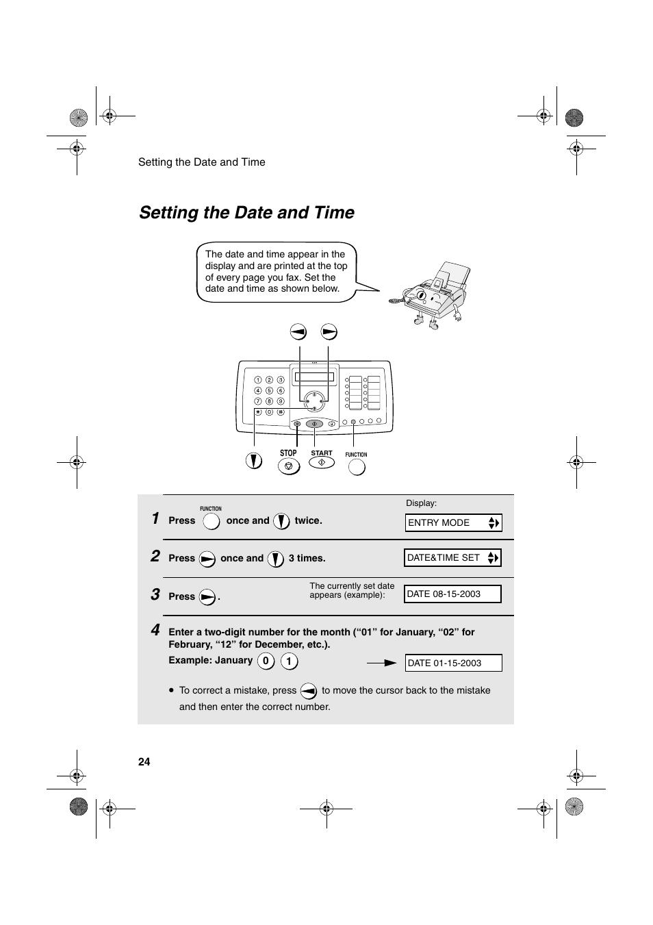 Setting the date and time | Sharp FO-3150 User Manual | Page 26 / 124