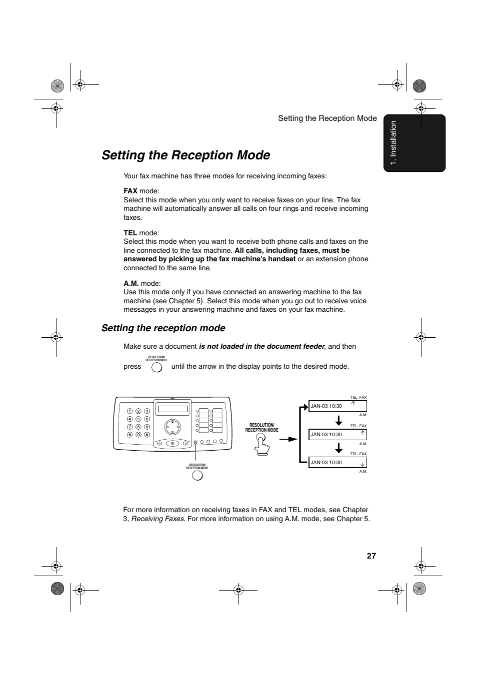 Setting the reception mode, Setting the reception mode 27 1. ins tal lati on | Sharp FO-3150 User Manual | Page 29 / 124