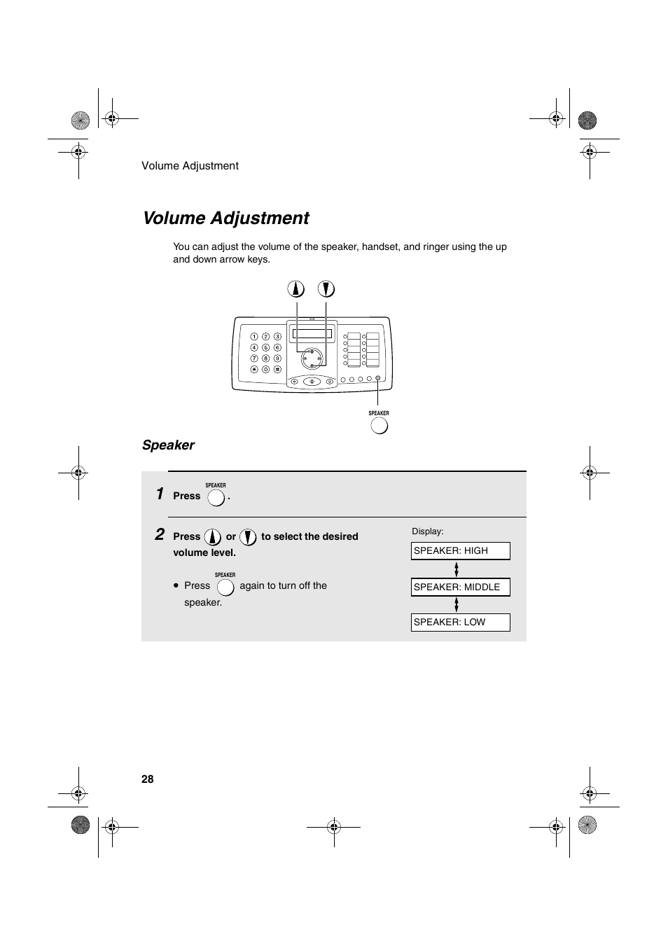 Volume adjustment, Speaker | Sharp FO-3150 User Manual | Page 30 / 124