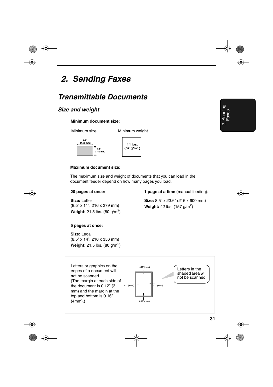 Sending faxes, Transmittable documents, Size and weight | Sharp FO-3150 User Manual | Page 33 / 124