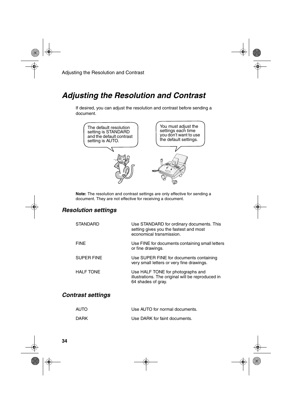 Adjusting the resolution and contrast, Resolution settings contrast settings | Sharp FO-3150 User Manual | Page 36 / 124