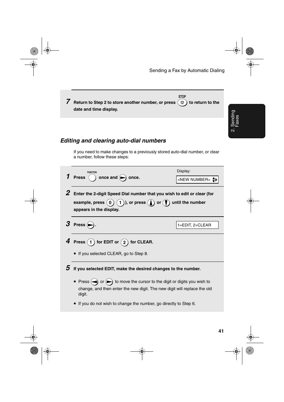 Editing and clearing auto-dial numbers | Sharp FO-3150 User Manual | Page 43 / 124