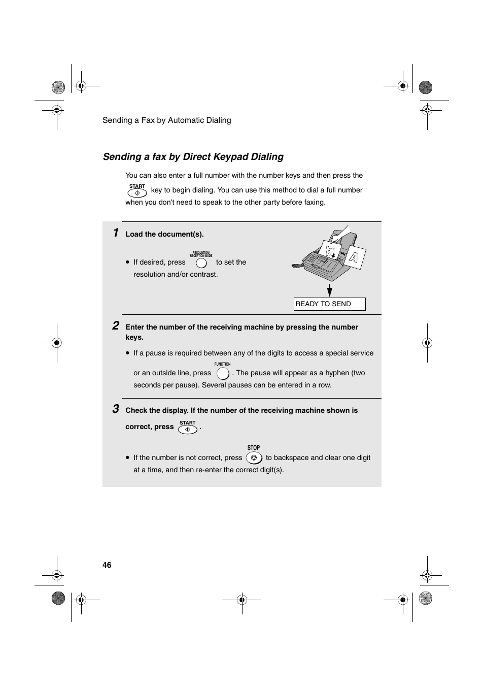 Sending a fax by direct keypad dialing | Sharp FO-3150 User Manual | Page 48 / 124