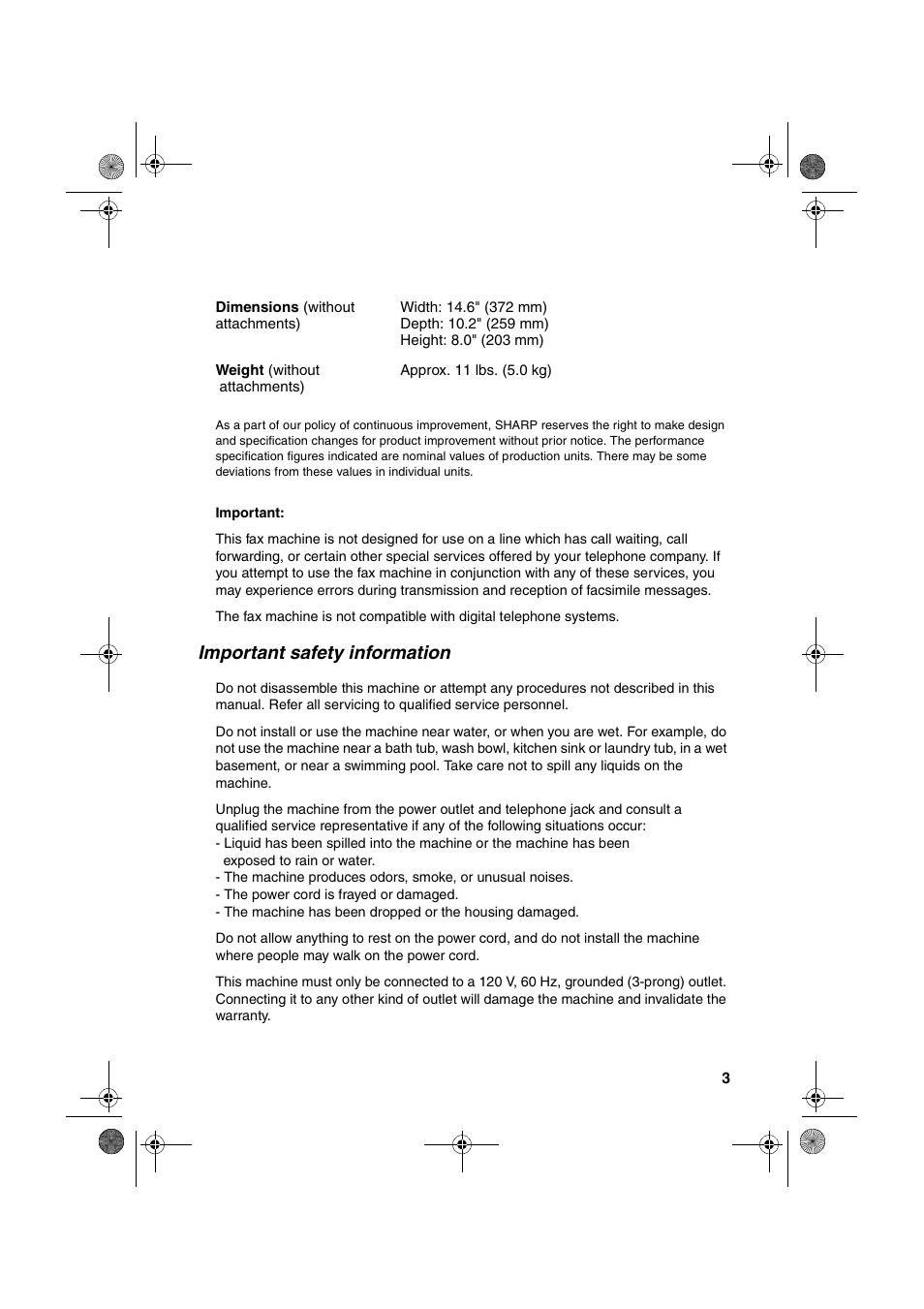 Important safety information | Sharp FO-3150 User Manual | Page 5 / 124