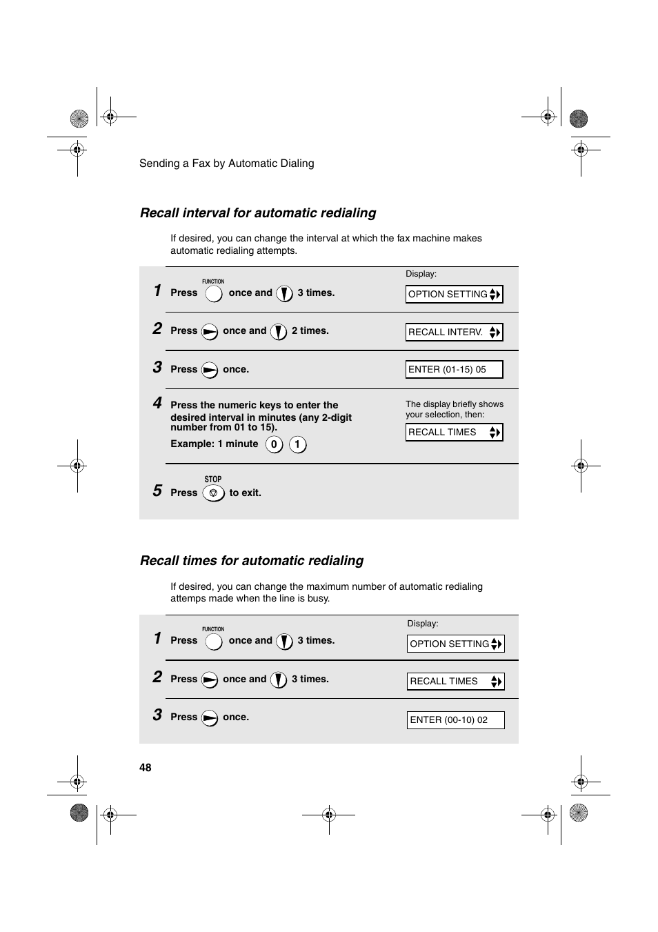 Recall interval for automatic redialing, Recall times for automatic redialing | Sharp FO-3150 User Manual | Page 50 / 124