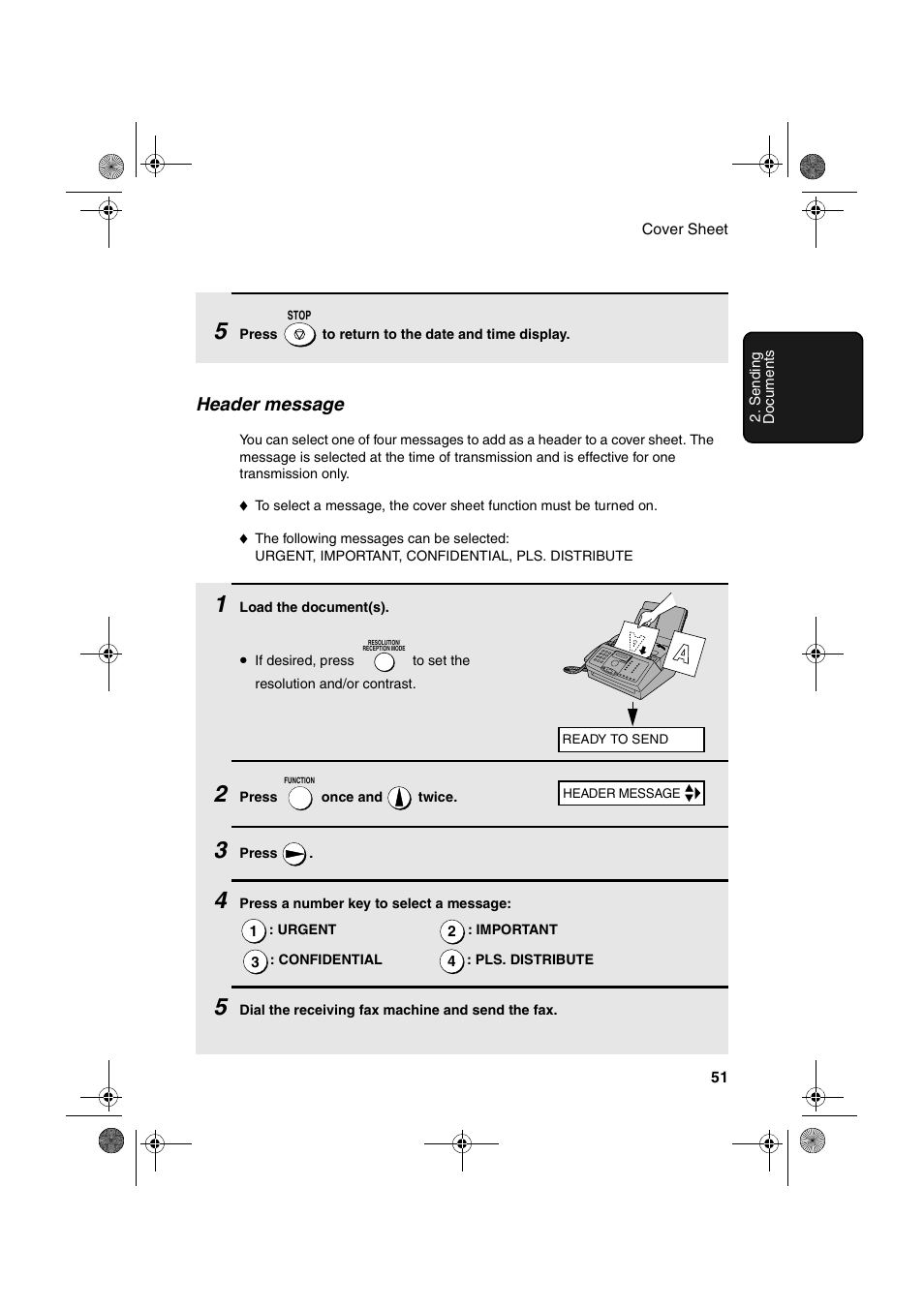 Header message | Sharp FO-3150 User Manual | Page 53 / 124