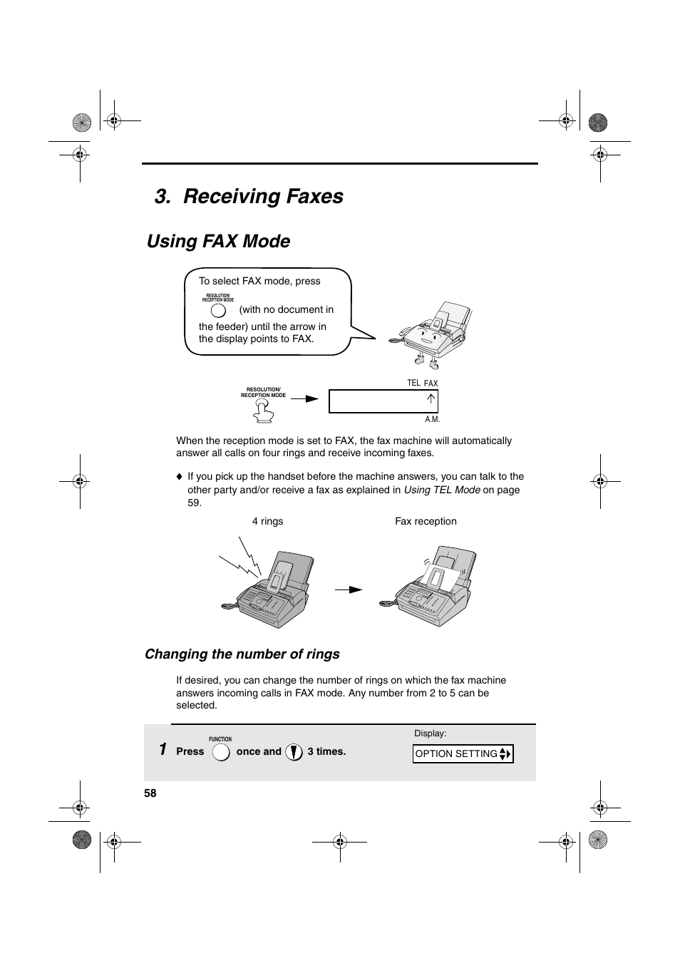 Receiving faxes, Using fax mode, Changing the number of rings | Sharp FO-3150 User Manual | Page 60 / 124