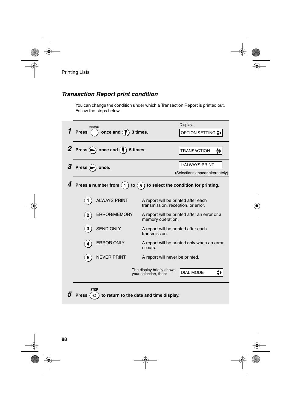 Transaction report print condition | Sharp FO-3150 User Manual | Page 90 / 124