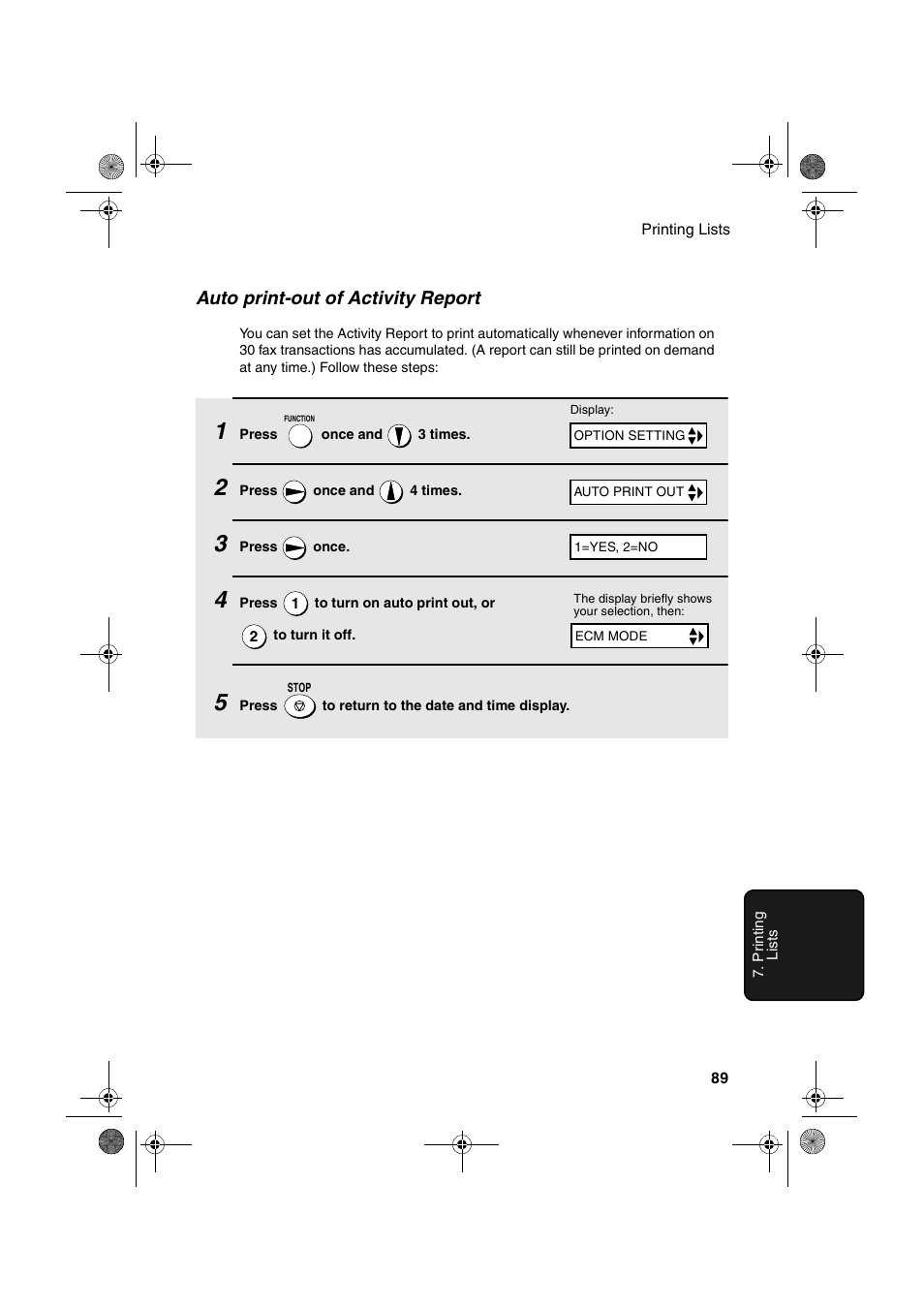 Auto print-out of activity report | Sharp FO-3150 User Manual | Page 91 / 124