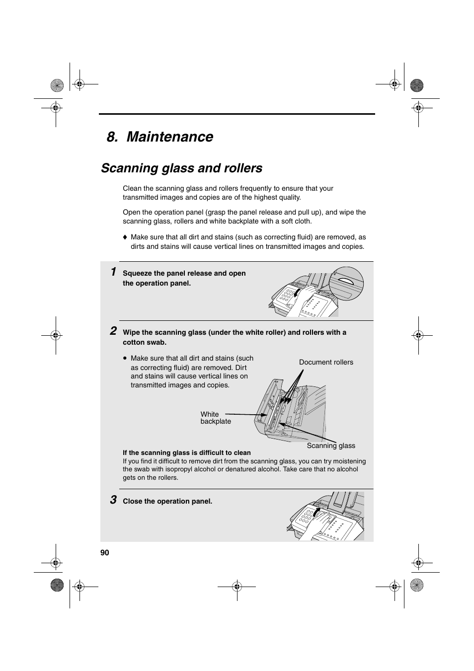 Maintenance, Scanning glass and rollers | Sharp FO-3150 User Manual | Page 92 / 124