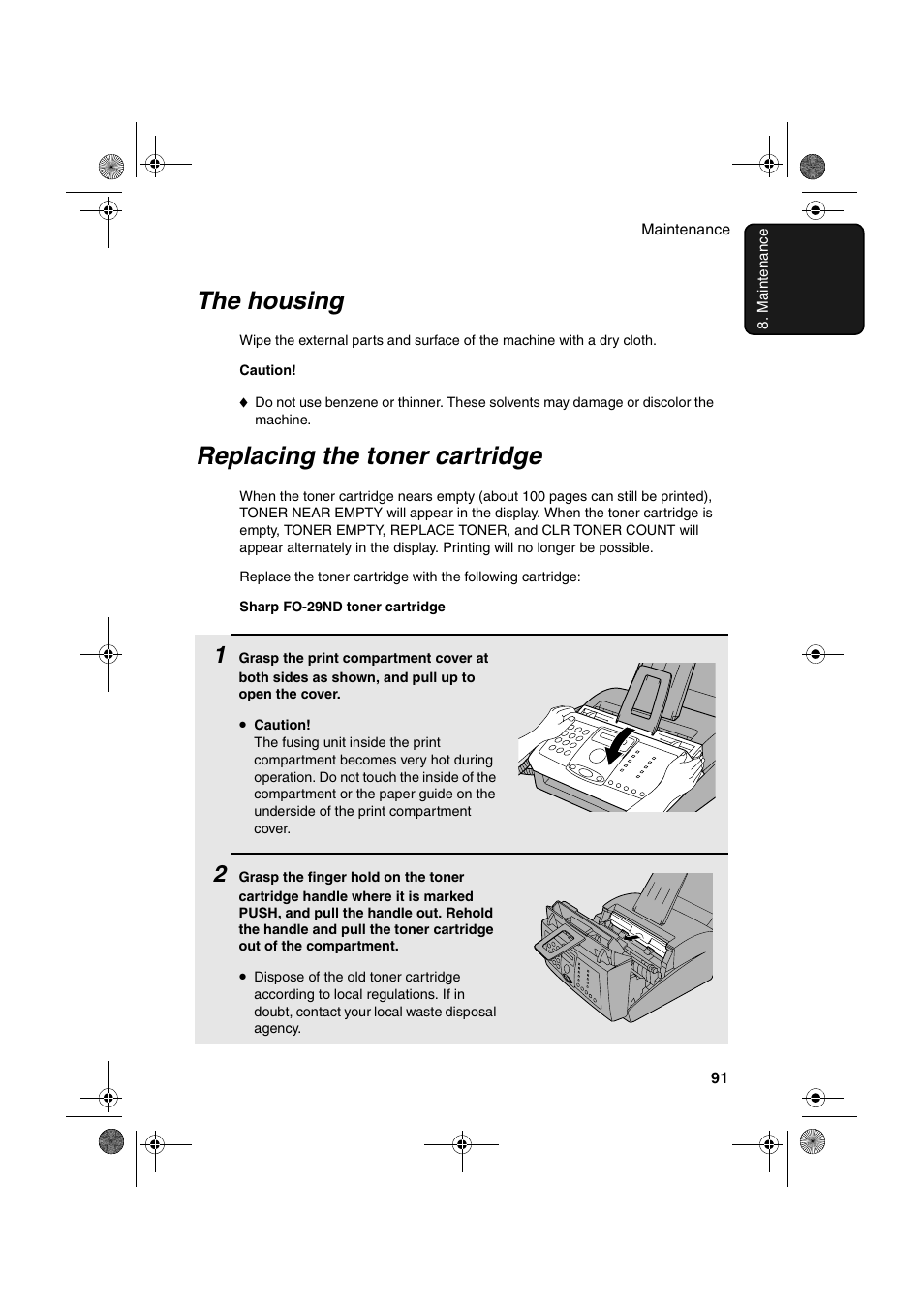 The housing, Replacing the toner cartridge | Sharp FO-3150 User Manual | Page 93 / 124