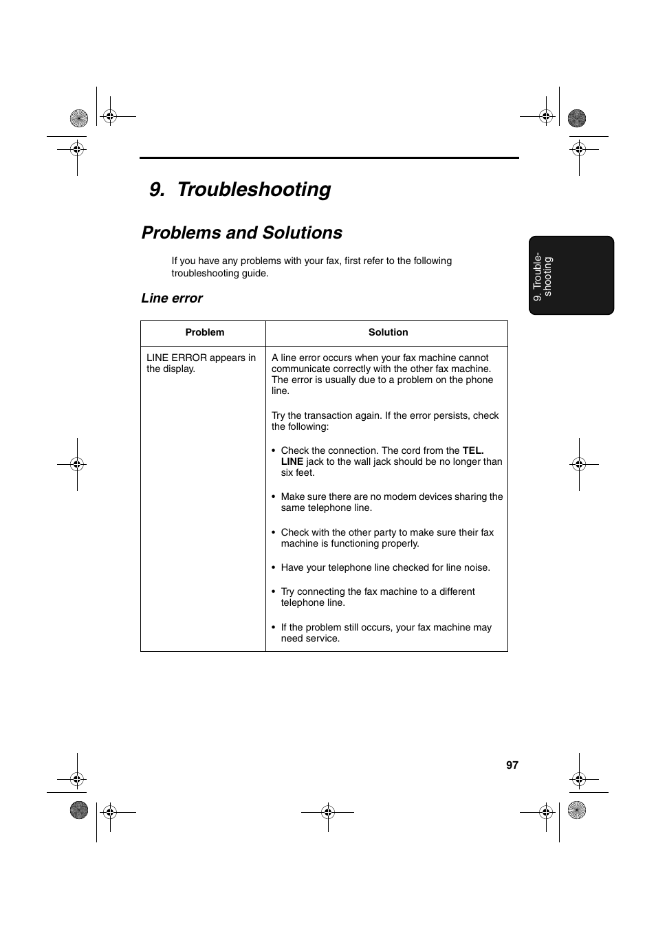 Troubleshooting, Problems and solutions, Line error | Sharp FO-3150 User Manual | Page 99 / 124