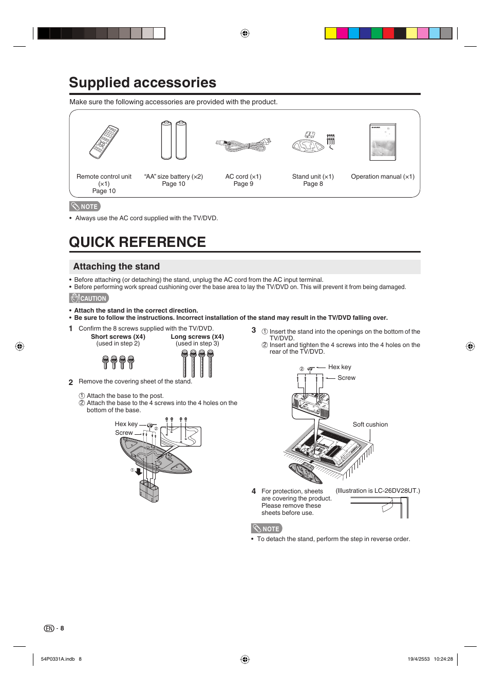 Supplied accessories, Quick reference, Attaching the stand | Sharp AQUOS LC-32DV28UT User Manual | Page 10 / 43