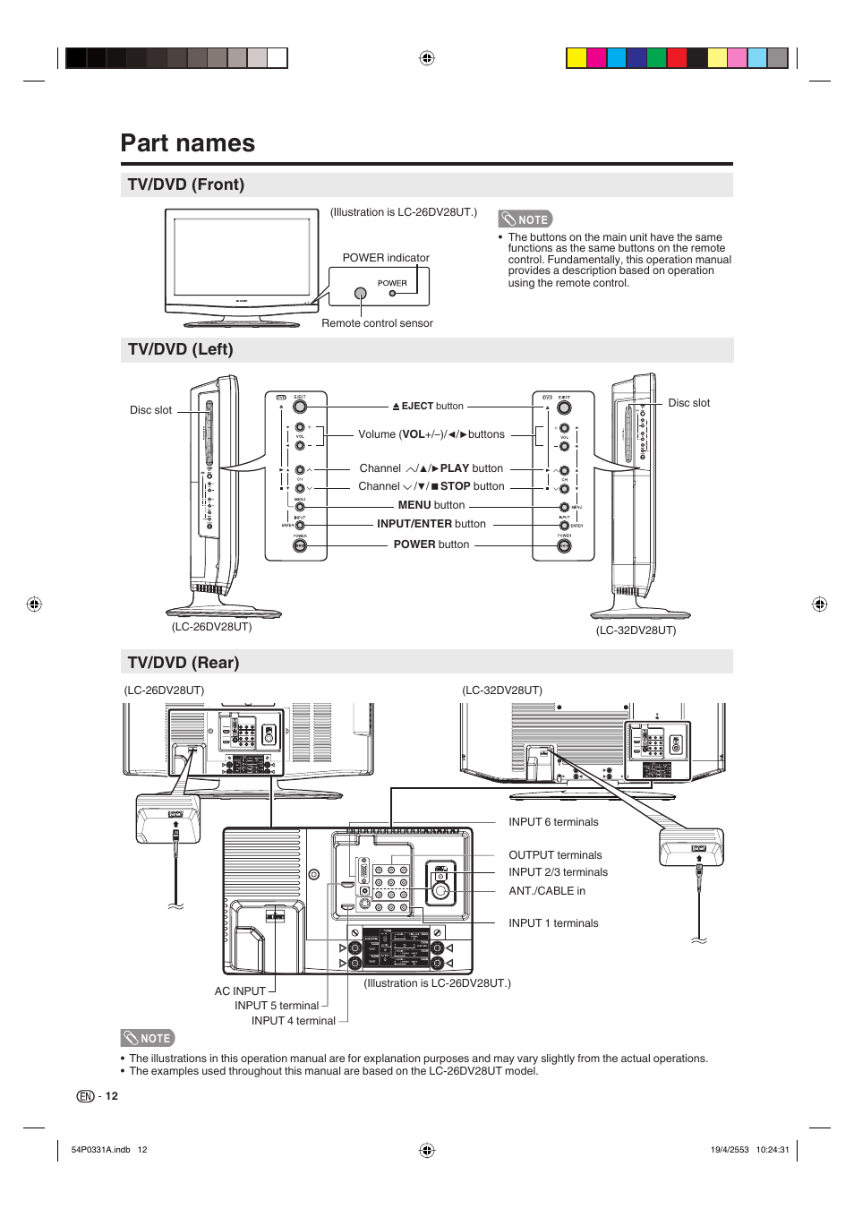 Part names, Tv/dvd (front), Tv/dvd (rear) tv/dvd (left) | Sharp AQUOS LC-32DV28UT User Manual | Page 14 / 43