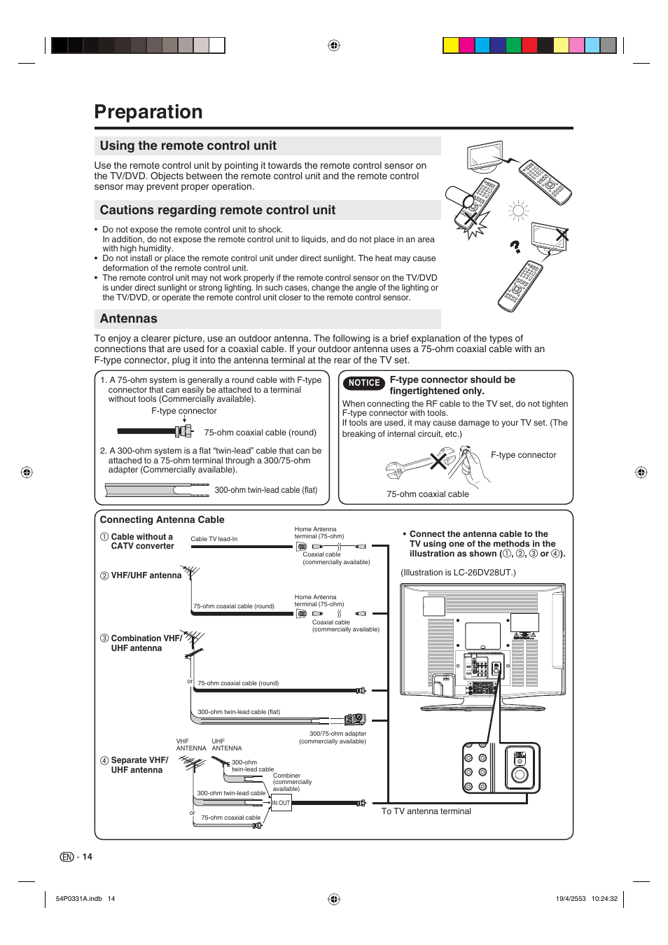 Preparation, Using the remote control unit, Cautions regarding remote control unit | Antennas | Sharp AQUOS LC-32DV28UT User Manual | Page 16 / 43