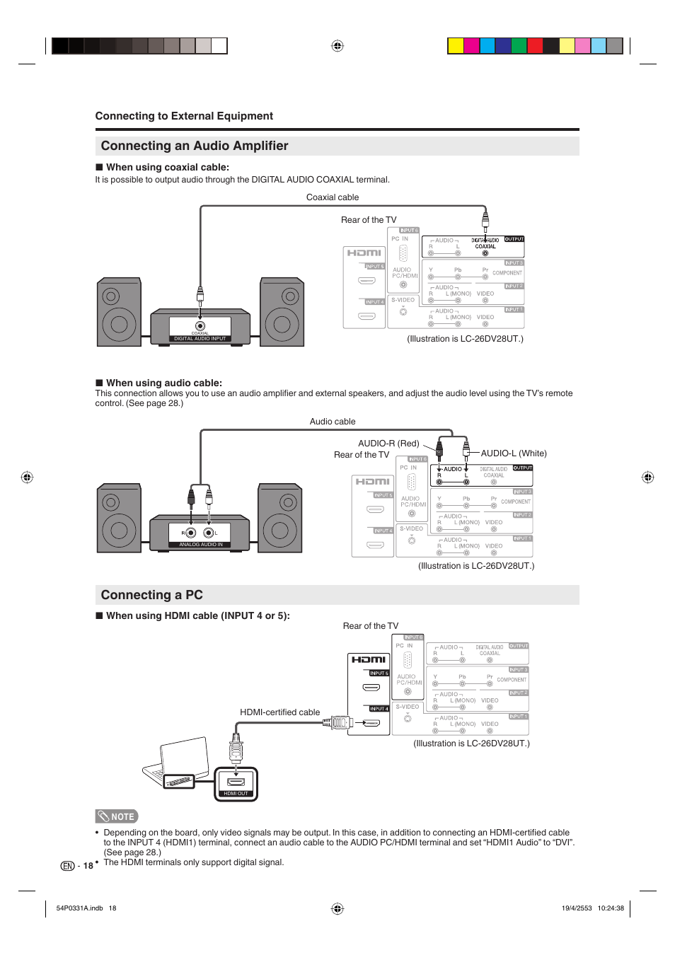 Connecting an audio amplifier, Connecting a pc, Connecting to external equipment | Sharp AQUOS LC-32DV28UT User Manual | Page 20 / 43