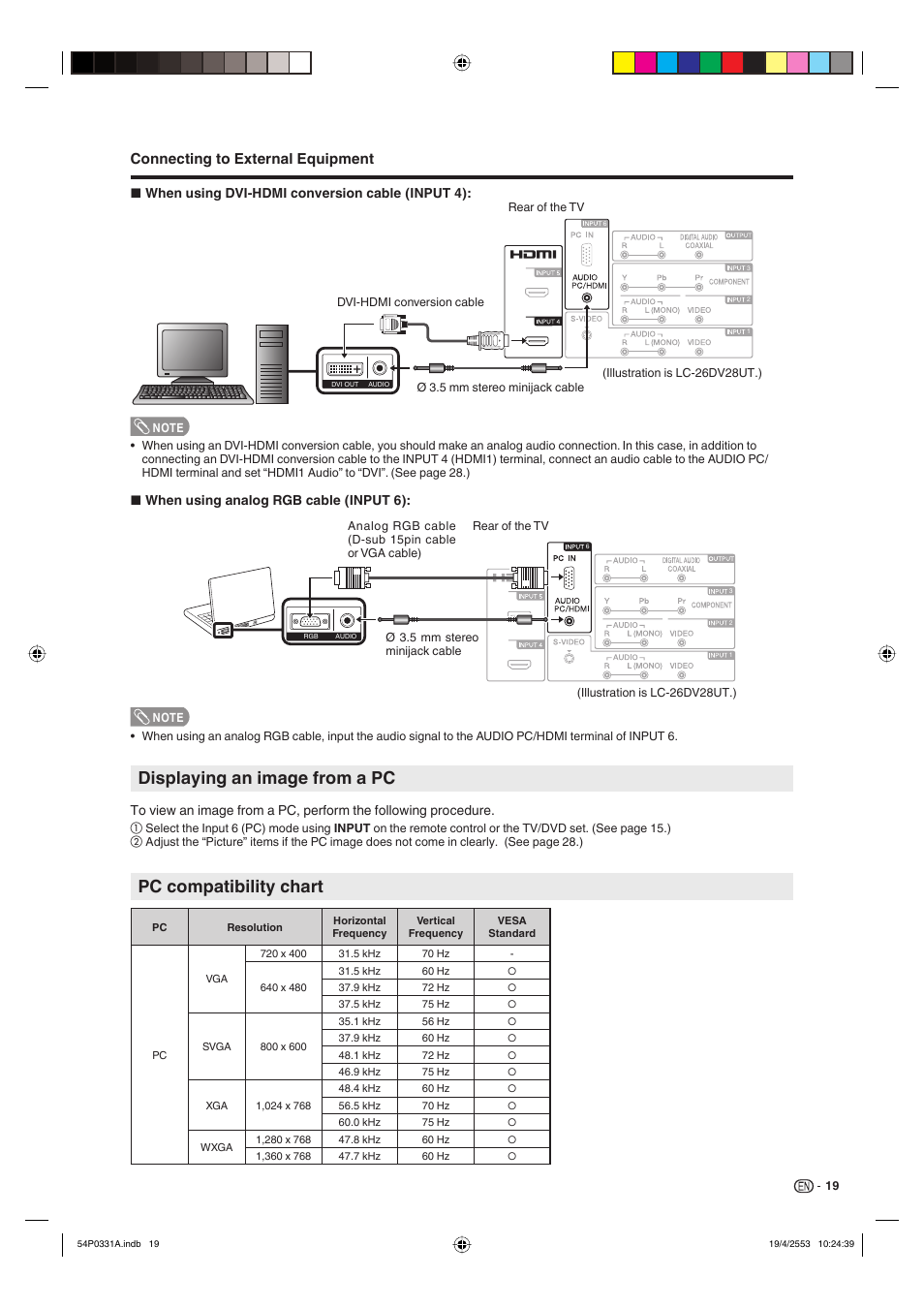 Displaying an image from a pc, Pc compatibility chart, Connecting to external equipment | Sharp AQUOS LC-32DV28UT User Manual | Page 21 / 43