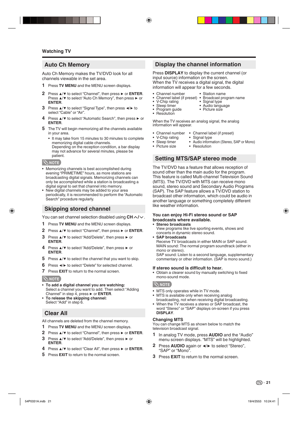 Skipping stored channel, Clear all, Setting mts/sap stereo mode | Display the channel information | Sharp AQUOS LC-32DV28UT User Manual | Page 23 / 43