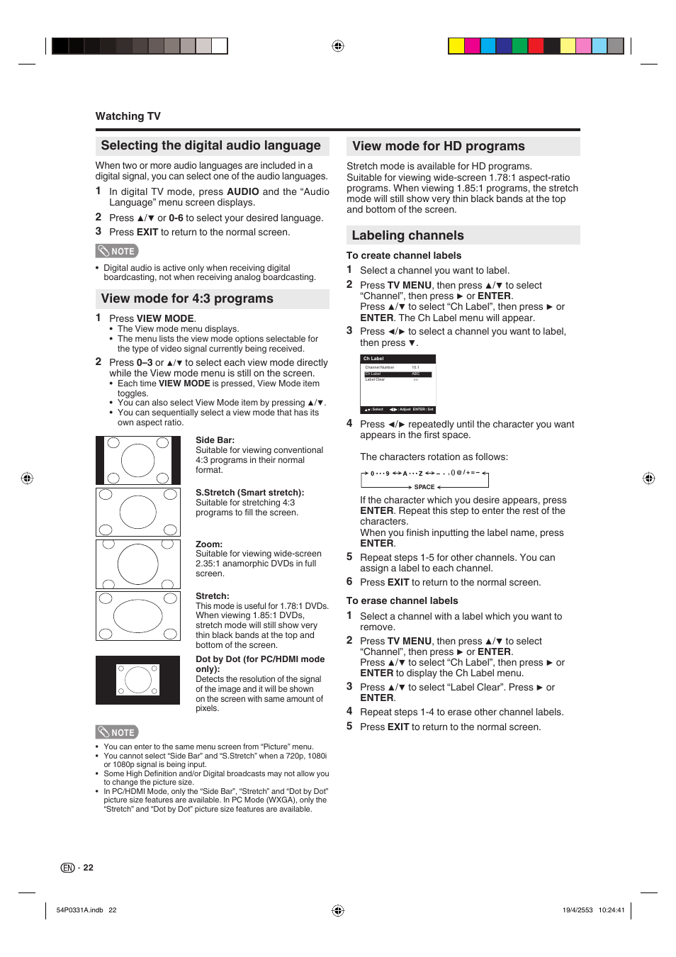 View mode for 4:3 programs, View mode for hd programs, Labeling channels | Selecting the digital audio language | Sharp AQUOS LC-32DV28UT User Manual | Page 24 / 43