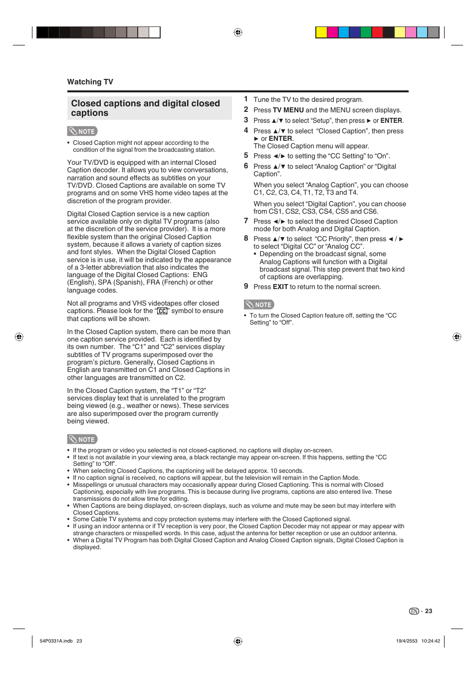 Closed captions and digital closed captions | Sharp AQUOS LC-32DV28UT User Manual | Page 25 / 43