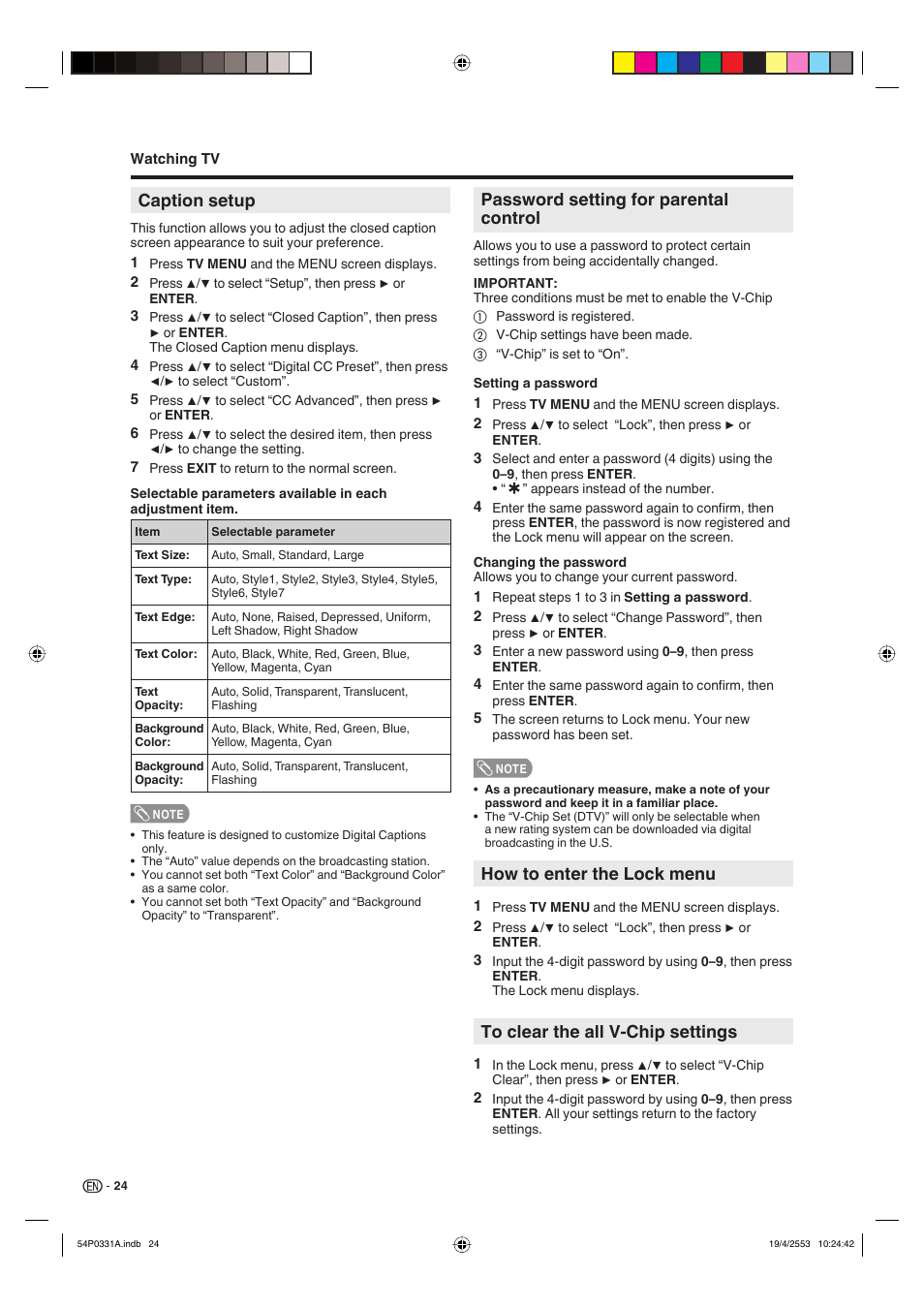 Password setting for parental control, How to enter the lock menu, Caption setup | Sharp AQUOS LC-32DV28UT User Manual | Page 26 / 43