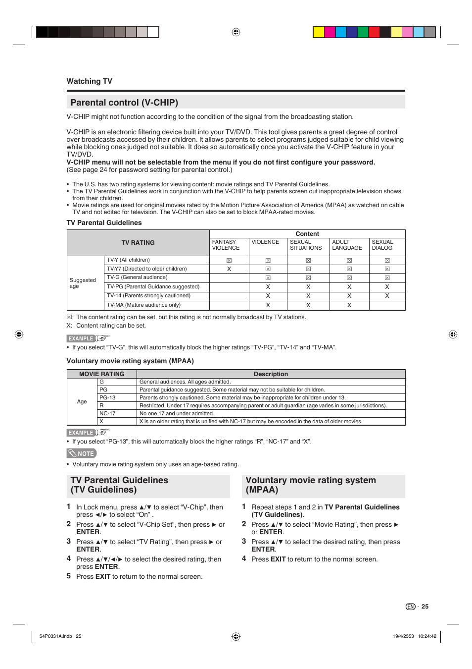 Parental control (v-chip), Tv parental guidelines (tv guidelines), Voluntary movie rating system (mpaa) | Sharp AQUOS LC-32DV28UT User Manual | Page 27 / 43