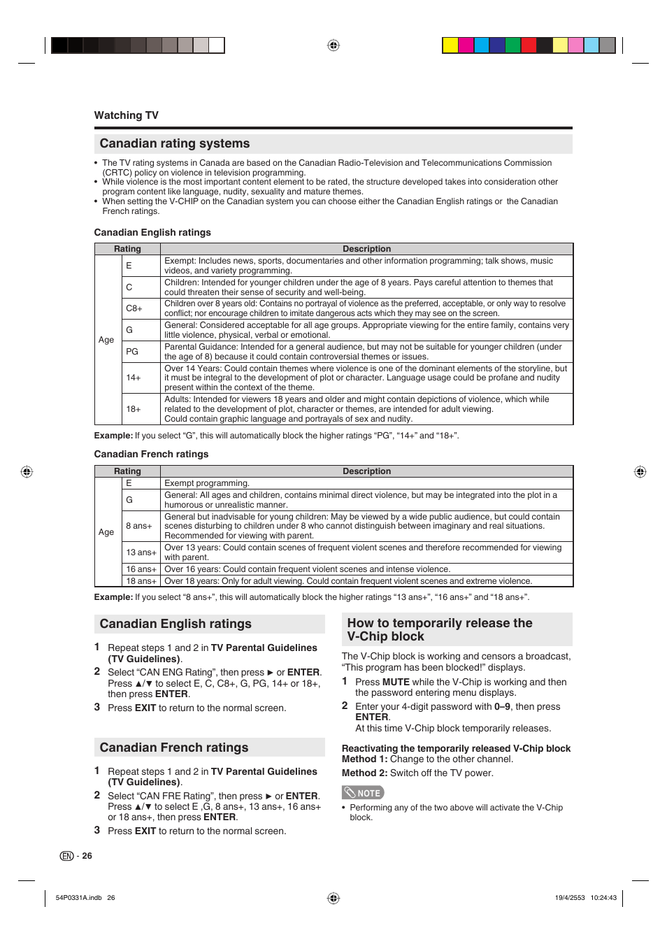 Canadian rating systems, Canadian english ratings, Canadian french ratings | How to temporarily release the v-chip block | Sharp AQUOS LC-32DV28UT User Manual | Page 28 / 43