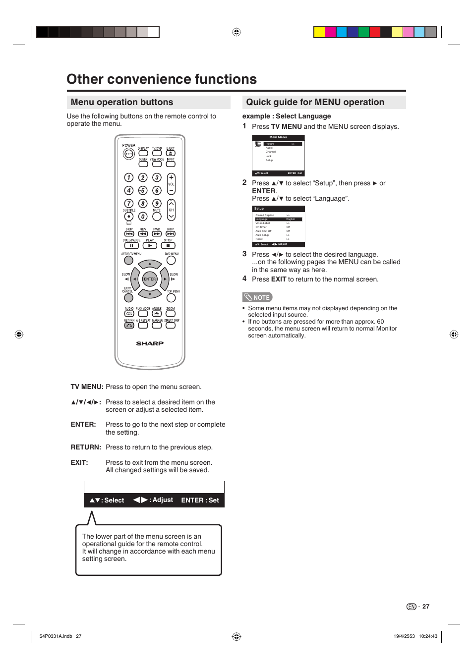 Other convenience functions, Quick guide for menu operation, Menu operation buttons | Sharp AQUOS LC-32DV28UT User Manual | Page 29 / 43