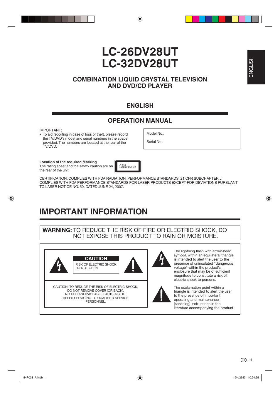 Important information | Sharp AQUOS LC-32DV28UT User Manual | Page 3 / 43