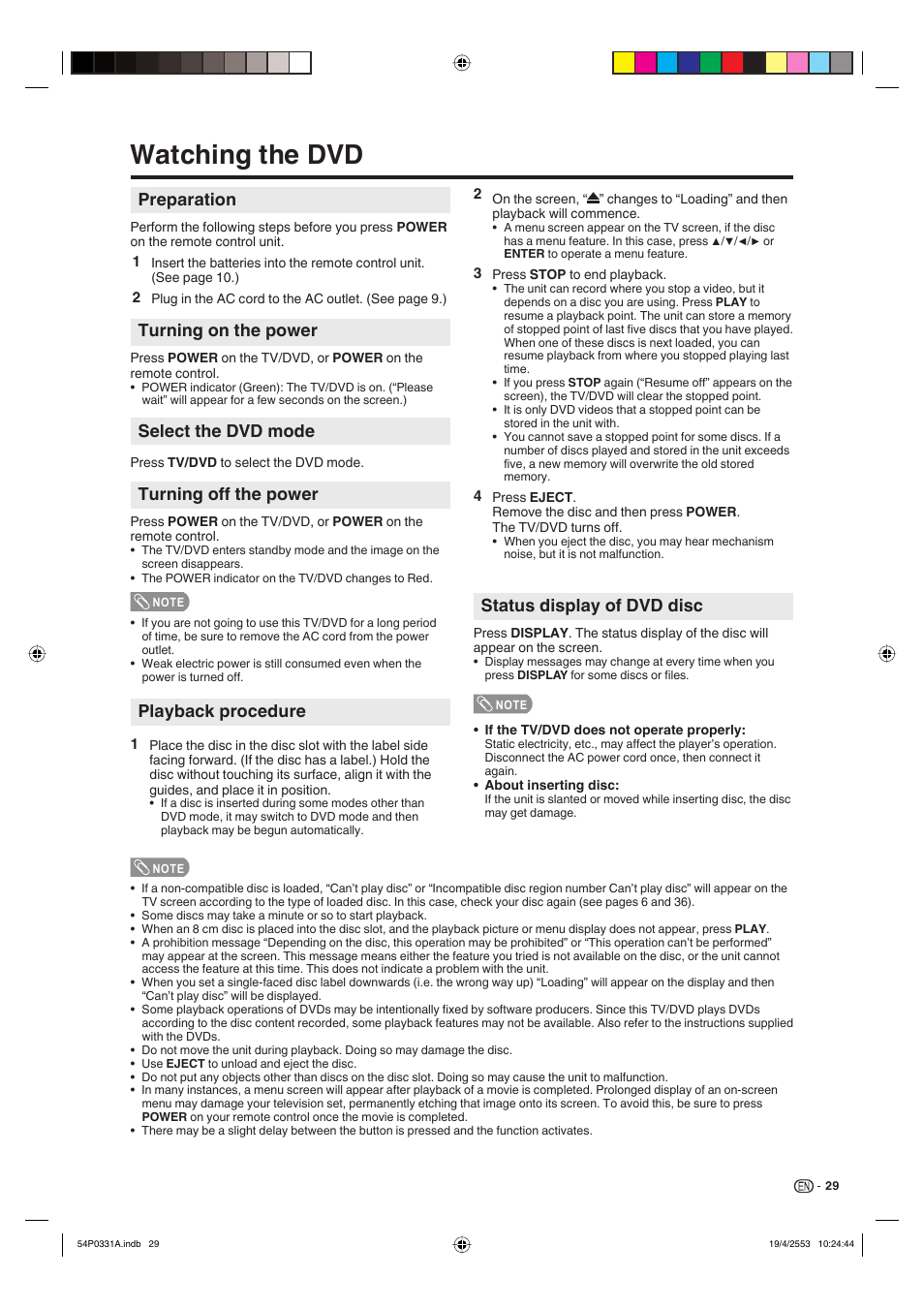 Watching the dvd, Turning on the power, Select the dvd mode | Turning off the power, Preparation, Playback procedure, Status display of dvd disc | Sharp AQUOS LC-32DV28UT User Manual | Page 31 / 43