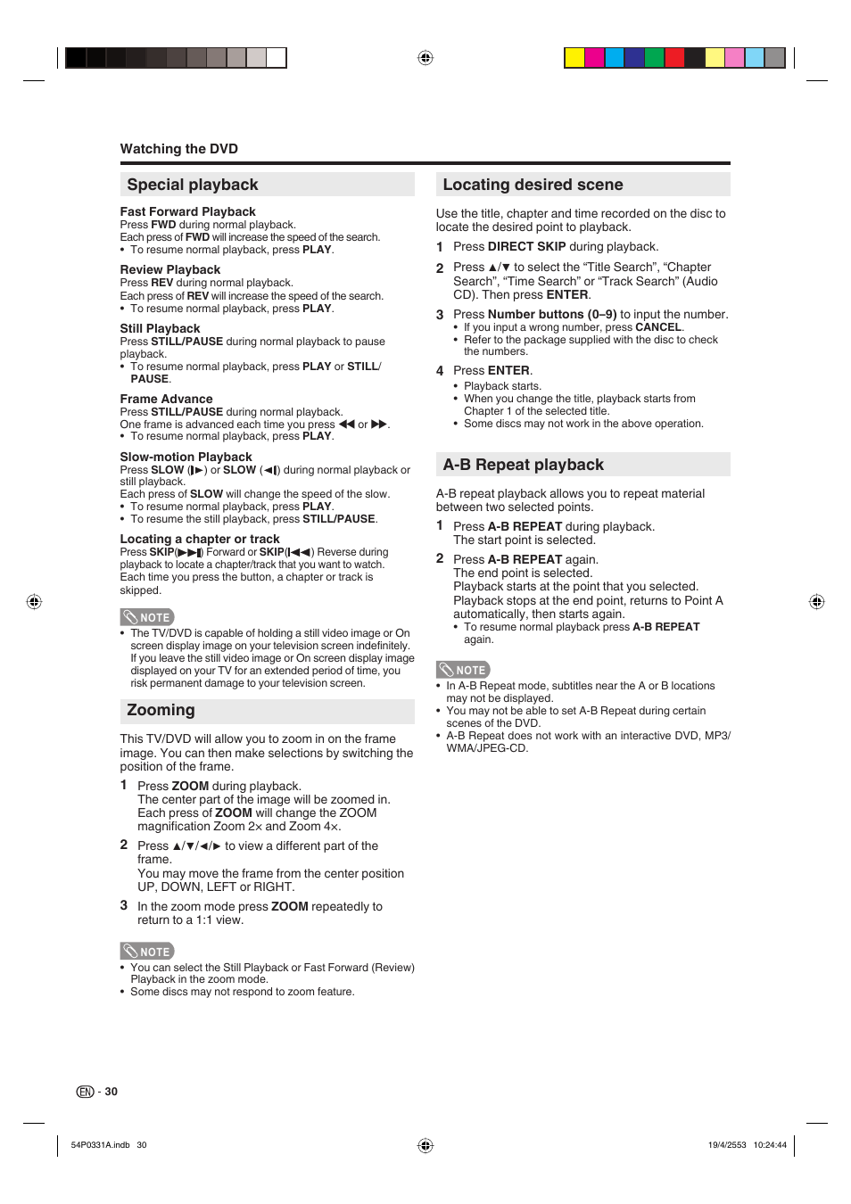 Special playback, Zooming, Locating desired scene | A-b repeat playback | Sharp AQUOS LC-32DV28UT User Manual | Page 32 / 43